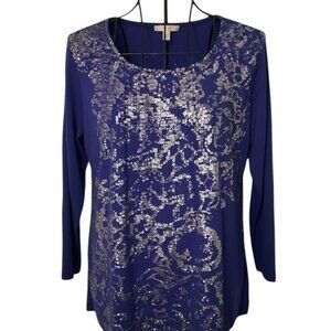Chico’s Blue with silver embellished 3/4 Sleeve Top Size 1 (M)